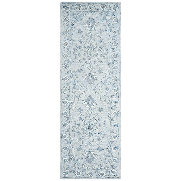 SAFAVIEH Micro-Loop Light Blue/Ivory 2 ft. x 5 ft. Floral Border Runner Rug