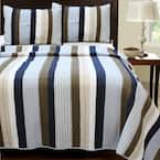 Sophisticated Stripe 3-Piece Navy Blue Brown Beige Tartan Plaid Cotton King Quilt Bedding Set