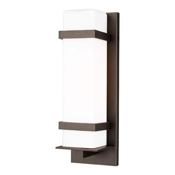 Generation Lighting Alban Medium 1-Light Antique Bronze Outdoor Wall Lantern Sconce With Square Etched Opal Glass Shade