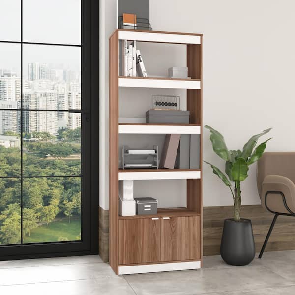 Manhattan Comfort Ratzer Mid-Century Modern 71.65 in. Tall Brown and White Particleboard 5-Shelf Standard Bookcase