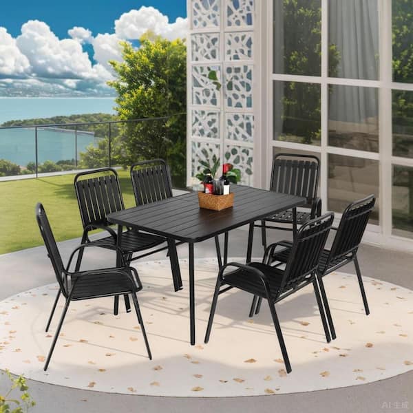 Unbranded Modern 7-Piece Black Plastic and Steel Rectangular Outdoor Dining Set, All-Weather Garden Patio Furniture