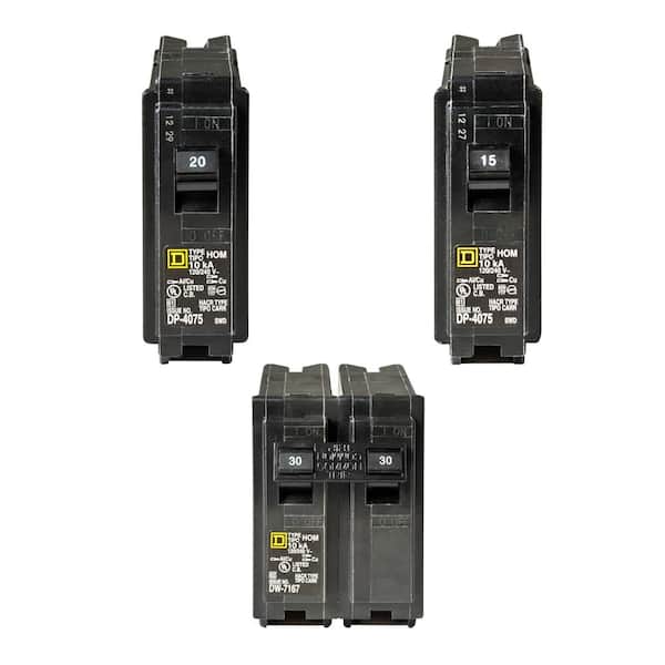 Square D Homeline 1-20 and 1-15 Amp Single-Pole, and 1-30 Amp 2-Pole Circuit Breakers (3-pack)