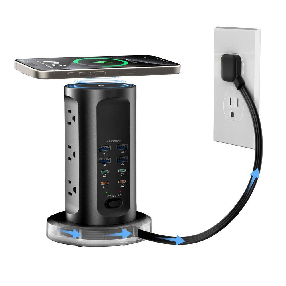 6 ft. Retractable Cord 9-Outlet Surge Protector Power Strip Tower with ...