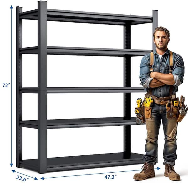 Heavy Duty 72 in. H 5-Shelf Black Metal Pantry Organizer Garage Storage Rack Shelf Metal Shelving w/Adjustable Shelves