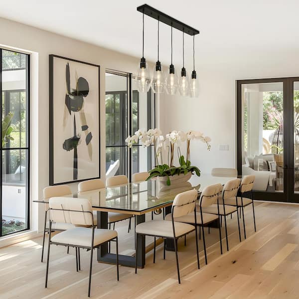 Modern 39.8 in. W 5-Light Black Linear Cluster Chandelier with Clear Glass Shade Large Island Pendant, LED Compatible