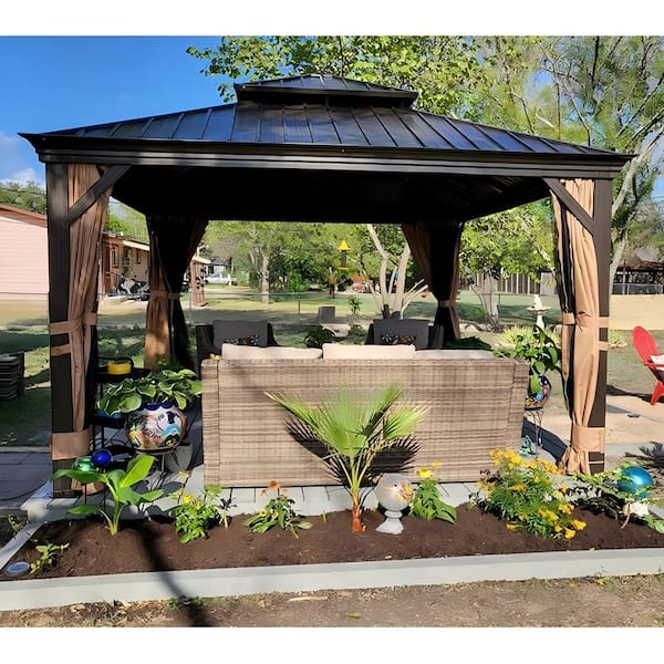 PURPLE LEAF 12 ft.x 12 ft.Bronze Aluminum Power-Coated Frame Galvanized Steel Double Roof Hardtop Gazebo,Hooks,Netting,Khaki Curtain
