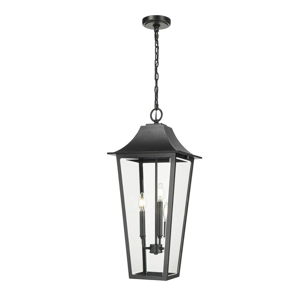 Gannon 27.5 in. 3-light Black Dimmable Outdoor Pendant-Light with Clear Bev