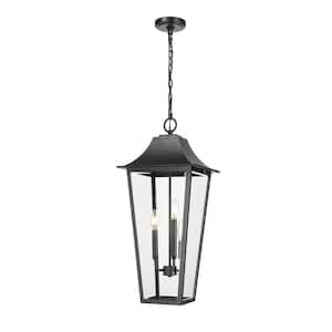 Gannon 27.5 in. 3-light Black Dimmable Outdoor Pendant-Light with Clear Beveled Glass with no bulbs included