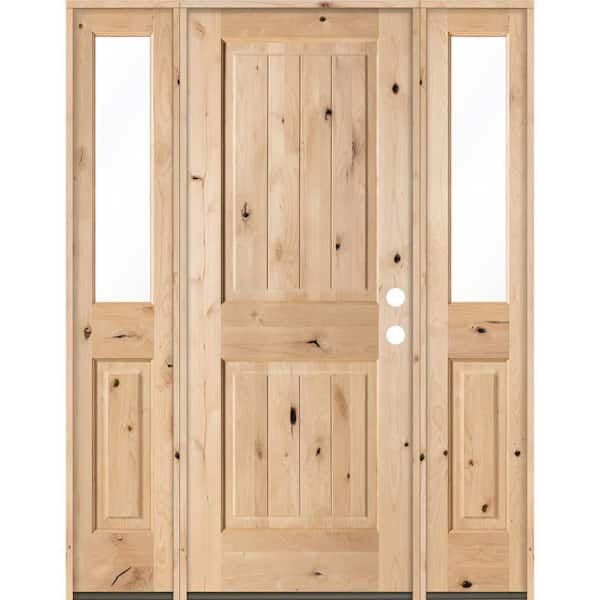 Krosswood Doors 58 in. x 80 in. Rustic Unfinished Knotty Alder Sq-Top VG Wood Left-Hand Half Sidelites Clear Glass Prehung Front Door