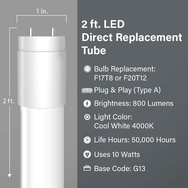 10-Watt 2 ft. T8/12 G13 Type A Plug and Play Linear LED Tube Light Bulb, Cool White 4000K, 1 Bulb