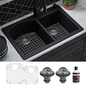 QT-610 Quartz/Granite 33 in. Double Bowl 60/40 Top Mount Drop-In Kitchen Sink in Black with Bottom Grid and Strainer