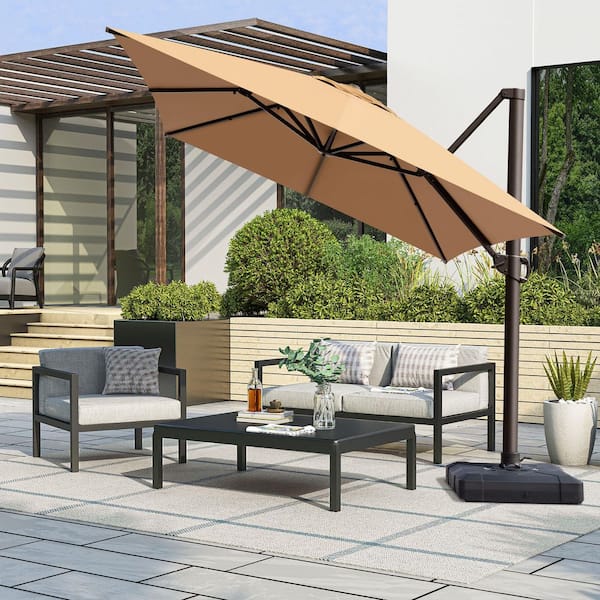 Pellebant Outdoor 13.5 ft. x 10 ft. Aluminum 360° Swivel Cantilever Offset Patio Umbrella in Tan, Base Stand with Wheels Included