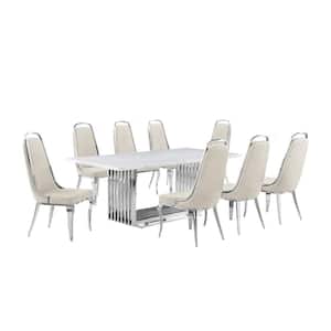 Lisa 9-Piece Rectangle White Marble Top Stainless Steel Base Dining Set With 8 Cream Velvet Chrome Iron Chairs