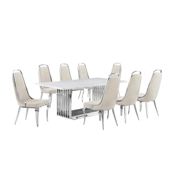 Best Quality Furniture Lisa 9-Piece Rectangle White Marble Top Stainless Steel Base Dining Set With 8 Cream Velvet Chrome Iron Chairs