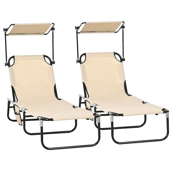 Outsunny Tan Metal Outdoor Folding Chaise Lounge Pool Chairs, Sun Tanning Chairs with Sunshade Face Guard (Set of 2)