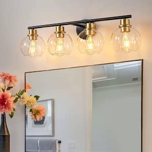 7.9 in. 4-Lights Matte Black and Gold Bathroom Vanity Light Accents and Clear Glass Shades, Bulbs Not Included