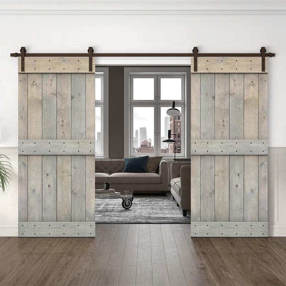 72" x 84" Smoke Gray Stained Solid Pine Double Barn Door Kit