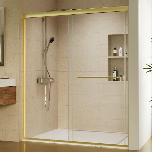 56-60 in. W x 70 in. H Sliding Framed Shower Door in Brushed Gold Finish with Clear Glass