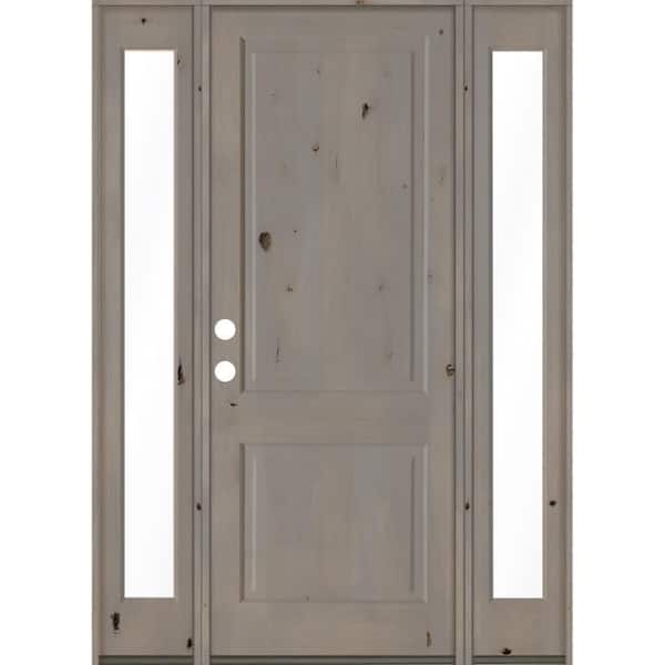 Krosswood Doors 64 in. x 96 in. Rustic Knotty Alder Right-Hand/Inswing Clear Glass Grey Stain Square Top Wood Prehung Front Door