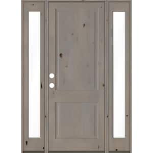 70 in. x 96 in. Rustic Knotty Alder Right-Hand/Inswing Clear Glass Grey Stain Square Top Wood Prehung Front Door