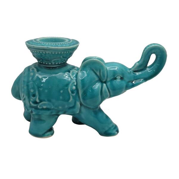 THREE HANDS 6 in. Blue Ceramic Elephant Candle Holder