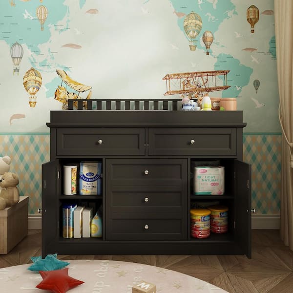 FUFU&GAGA Black Wooden Changing Table, Chest of Drawers, Dresser with 3 Drawers, 4 Shelves and 2 Doors L-THD-330117-02 FUFU&GAGA Black Wooden Changing Table, Chest of Drawers, Dresser with 3 Drawers, 4 Shelves and 2 Doors L-THD-330117-02