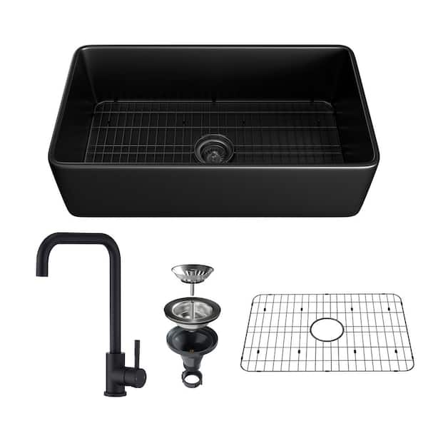 33 in. Undermount Farmhouse Single Bowl Black Fine Fireclay Workstation Kitchen Sink with Faucet and Accessories