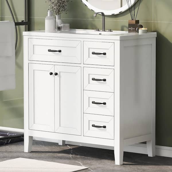 36 in. Freestanding White Bath Vanity with White Ceramic Top and Drawers