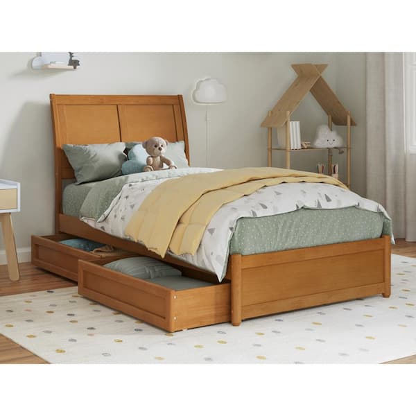 AFI Andorra Light Toffee Natural Bronze Solid Wood Frame Twin Platform Bed with Panel Footboard and Storage-Drawers