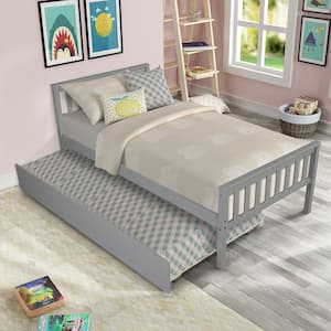 Gray Twin Size Kids Bed with Trundle and Headboard