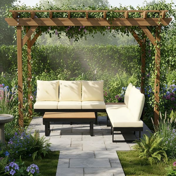 8-Piece Acacia Wood and Metal Outdoor Patio Sofa Set with Beige Cushions