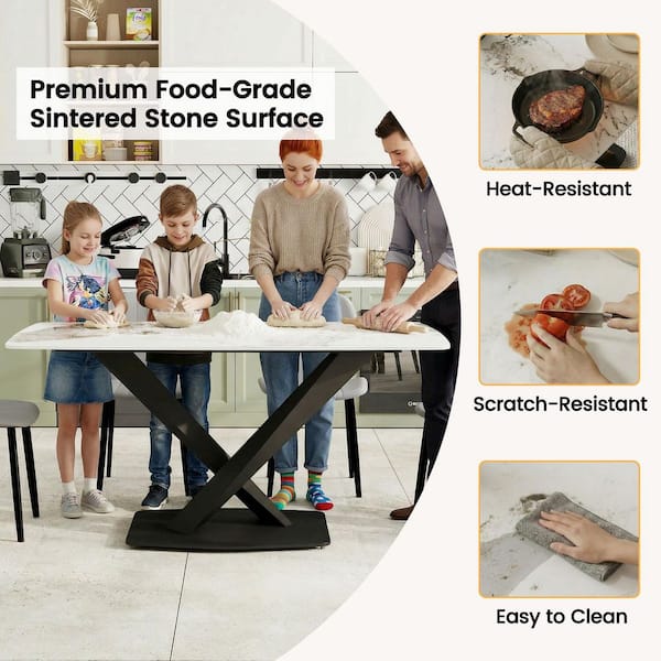 63 in. Pandora Round Edge Sintered Stone Tabletop with Pedestal Metal Cross Legs Dining Table, Seats 4-6