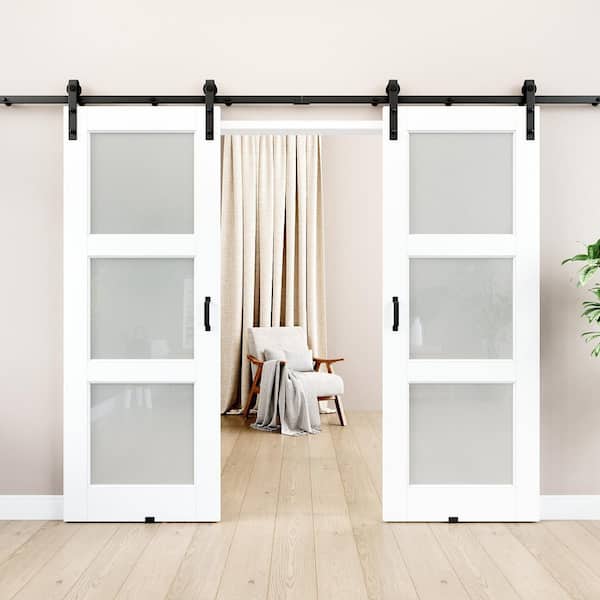 60 in. x 80 in. 3-Lite Frosted Glass White Primed MDF Double Assembly Required Sliding Barn Door with Hardware Kit