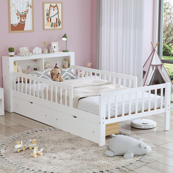 Nestfair White Wood Frame Twin Size Platform Bed with Two Drawers