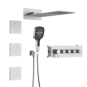 3-Jet Rectangular Wall Mount Shower System with With Handheld and Body Spray Thermostatic Massage Jets in Brushed Nickel