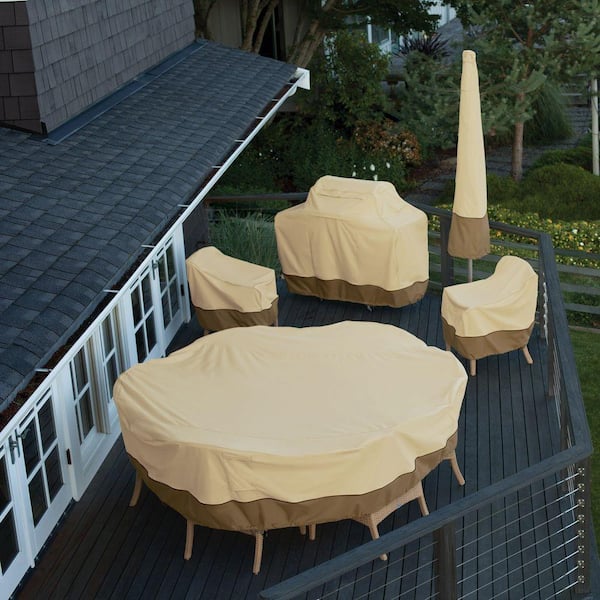 large round patio cover set adapted for umbrella Custom Outdoor Table/Chair with Hole - Premium Polyester, Mildew Resistant - Prestige, Stone The Classic Accessories Veranda line is durable and has a fashionable design 9ft Patio Umbrella Replacement Canopy