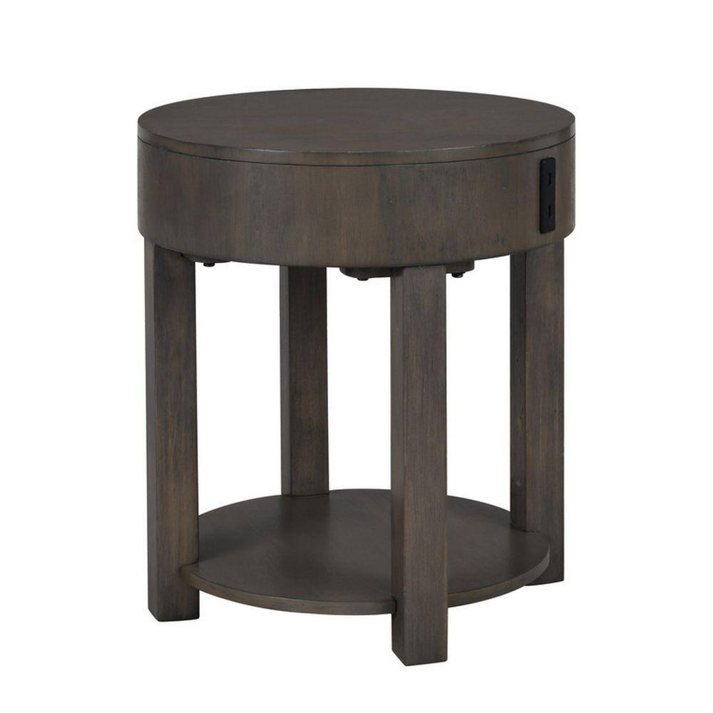 Benjara 20 In. Brown Round Wood Top End Table With USB Ports And Shelf ...