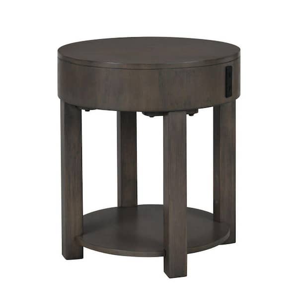 Benjara 20 in. Brown Round Wood Top End Table with USB Ports and Shelf