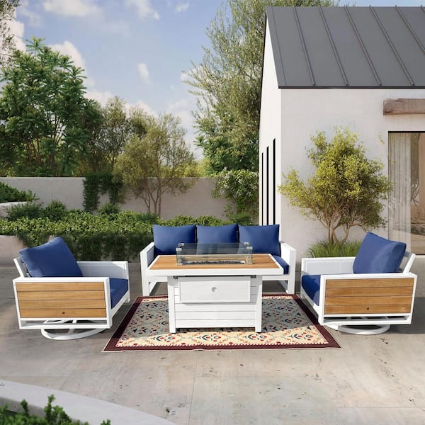 HiGreen Outdoor Denver 4-Piece Aluminum Outdoor Patio Fire Pit Seating Set with Acrylic Spectrum Indigo Cushions