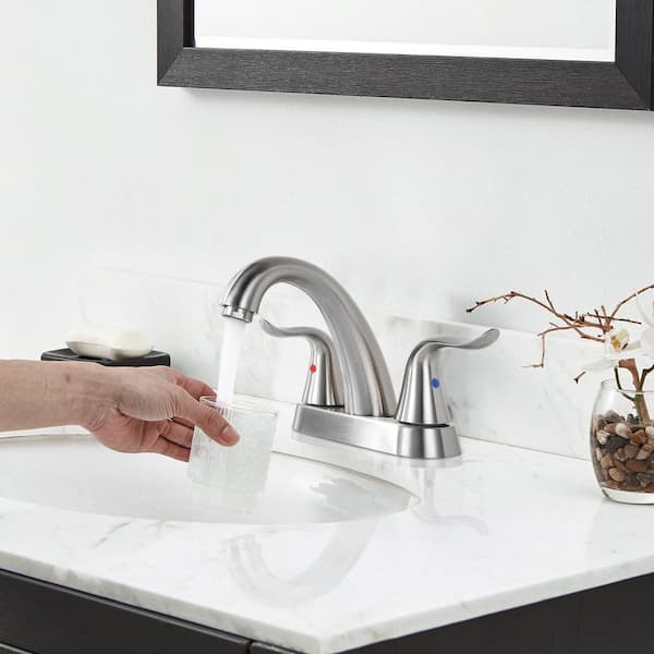 Modern High Arc 4 in. Centerset Double Handle Bathroom Faucet with Lift Rod Drain Kit in Brushed Nickel