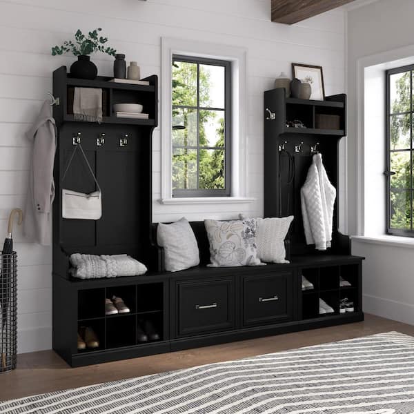 Woodland Black Suede Oak Entryway Storage Set with Hall Tree and Shoe Bench with Doors