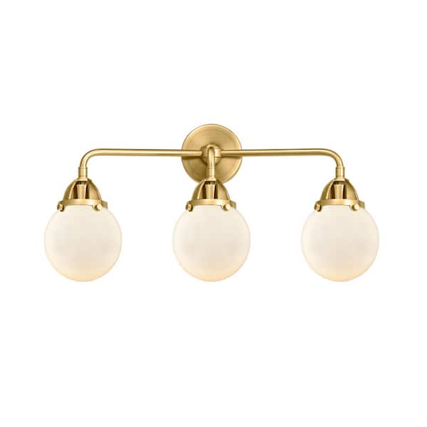 Beacon 24 in. 3-Light Satin Gold, Matte White Vanity Light with White Glass Shade