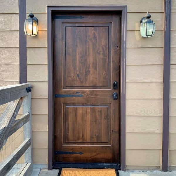 DIY 36 in. x 80 in. Knotty Alder Square Top VG Left-Hand Provincial Stain Wood Front Door Kit w/ Quick Assemble Jamb