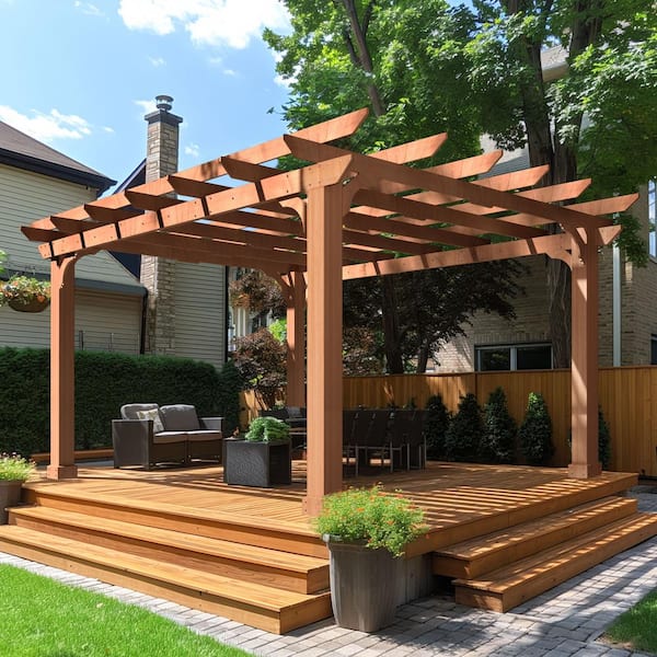 VEIKOUS 12 ft. W x 10 ft. D Cedar Wood Patio Pergola Shade Structure for Outdoor Brown PG0202 05 3 The Home Depot