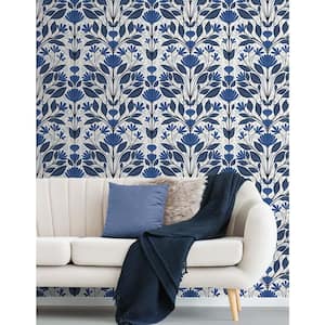 Blue Sapphire and Pavestone Folk Floral Vinyl Peel and Stick Wallpaper Roll 30.75 sq. ft.