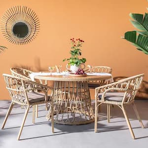 Brown Bamboo Look 5-Piece Wicker Outdoor Dining Set with Rattan Round Table and Stackable Chairs with Beige Cushion