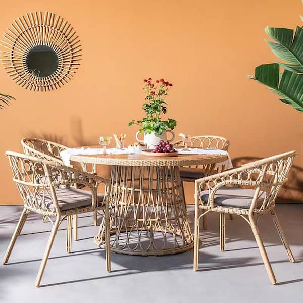 SOTEN RUGGED TABLET LLC Brown Bamboo Look 5-Piece Wicker Outdoor Dining Set with Rattan Round Table and Stackable Chairs with Beige Cushion
