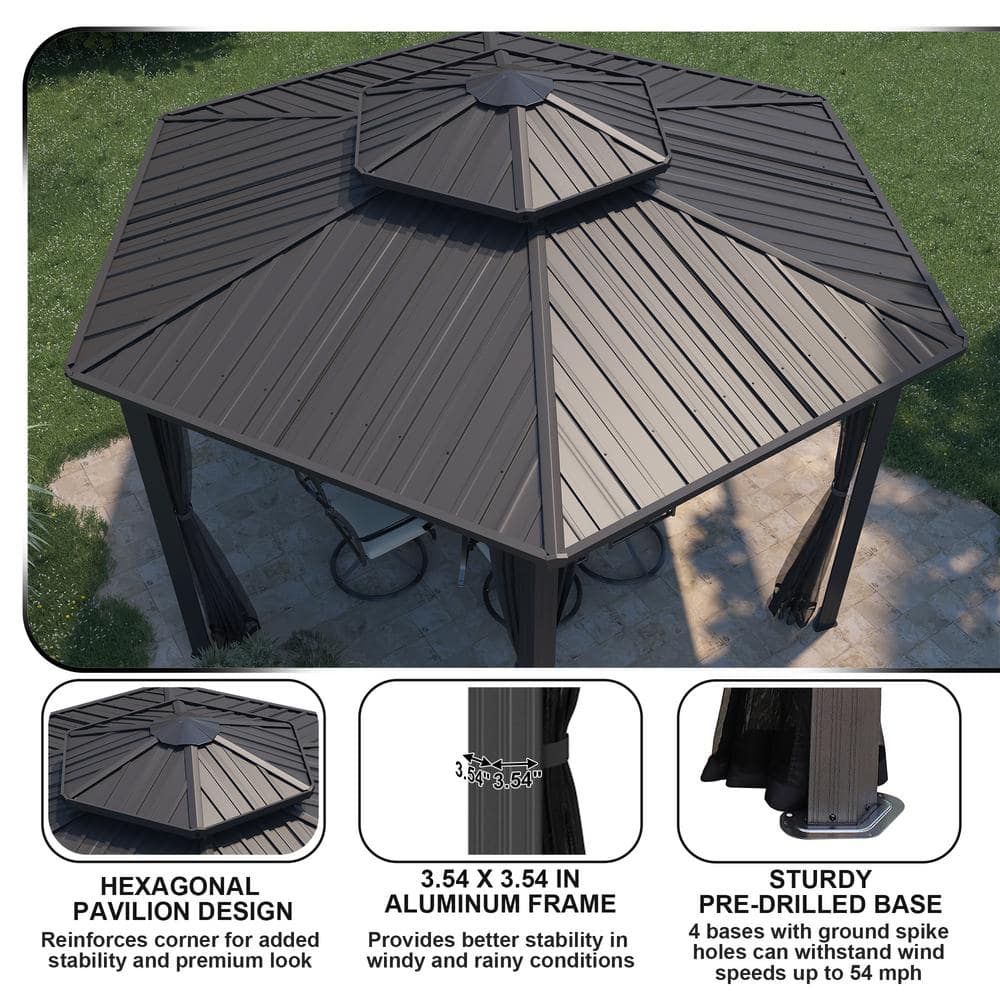 15x15 Ft Black Aluminum and Steel Hexagon Patio Gazebo