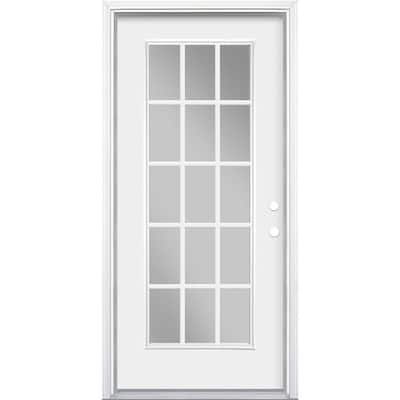 36 in. x 80 in. White 15 Lite Left Hand Inswing Primed Steel Prehung Front Exterior Door with Brickmold
