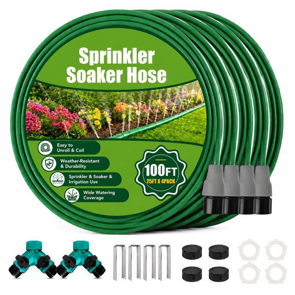 Green PVC Flat Sprinkler Soaker Hose Set, 100 ft (25 ft x 4 Pack) with Stakes and Splitter for Lawn and Garden Beds price history on PriceWatchPro